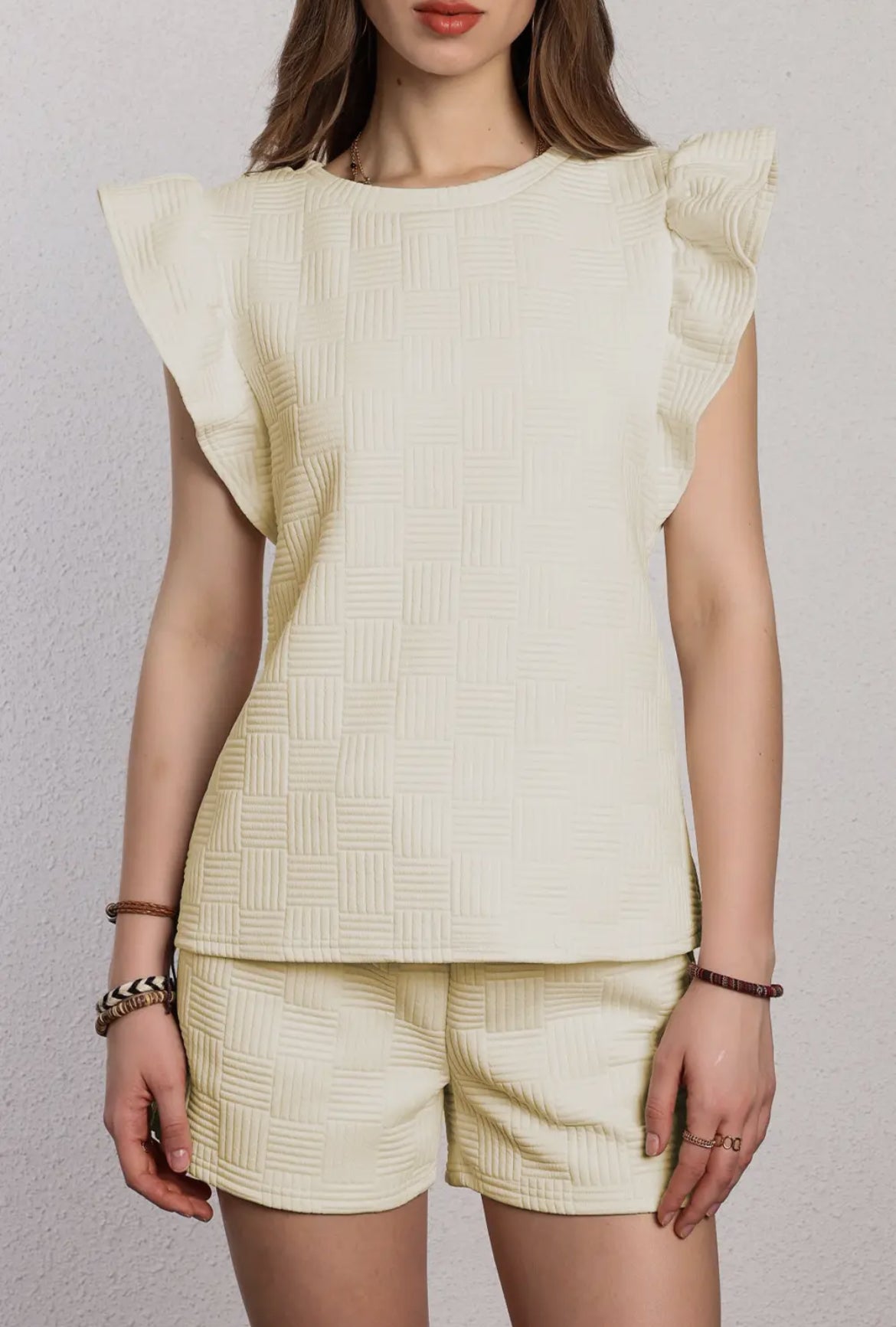 Textured Two-Piece Short Set with Ruffle Sleeve