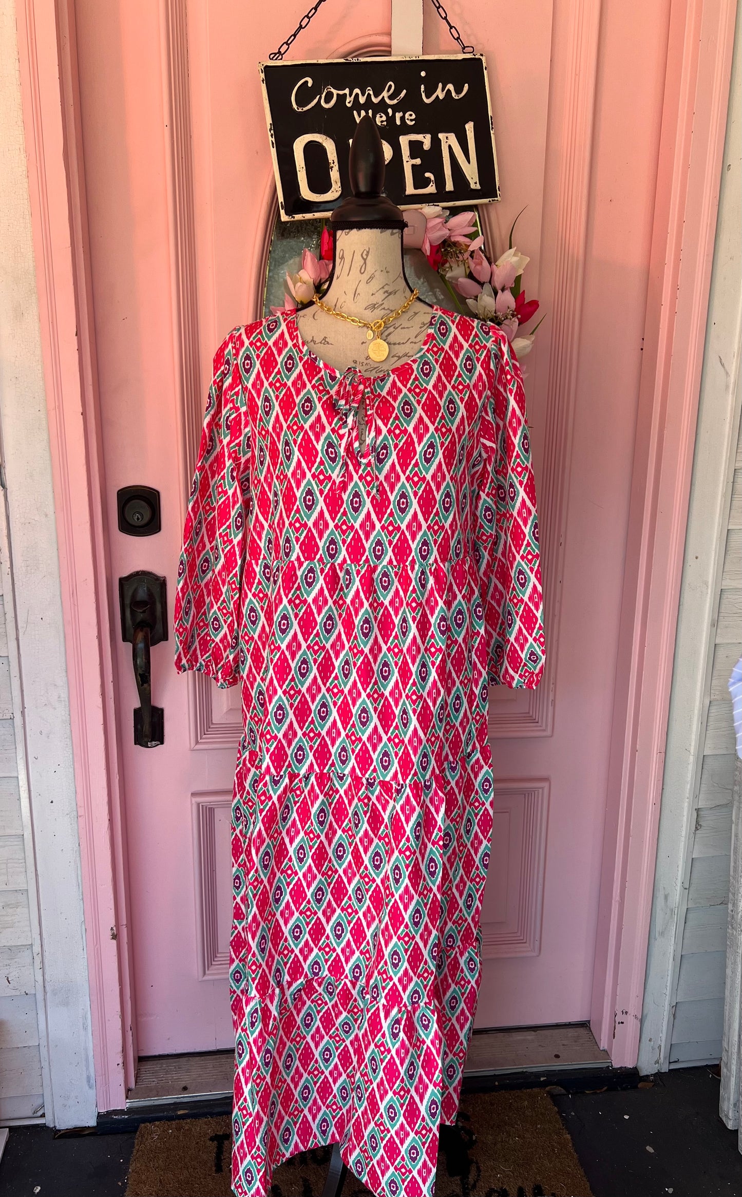 Pink & Green Front Tie Dress