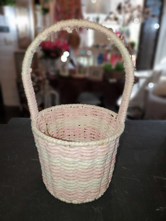 Small Pink & White Stripe Rattan Basket