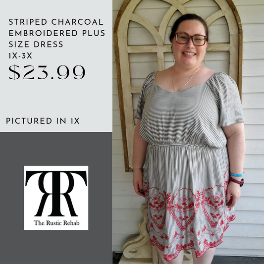 Striped Charcoal Embroidered Plus Size Dress