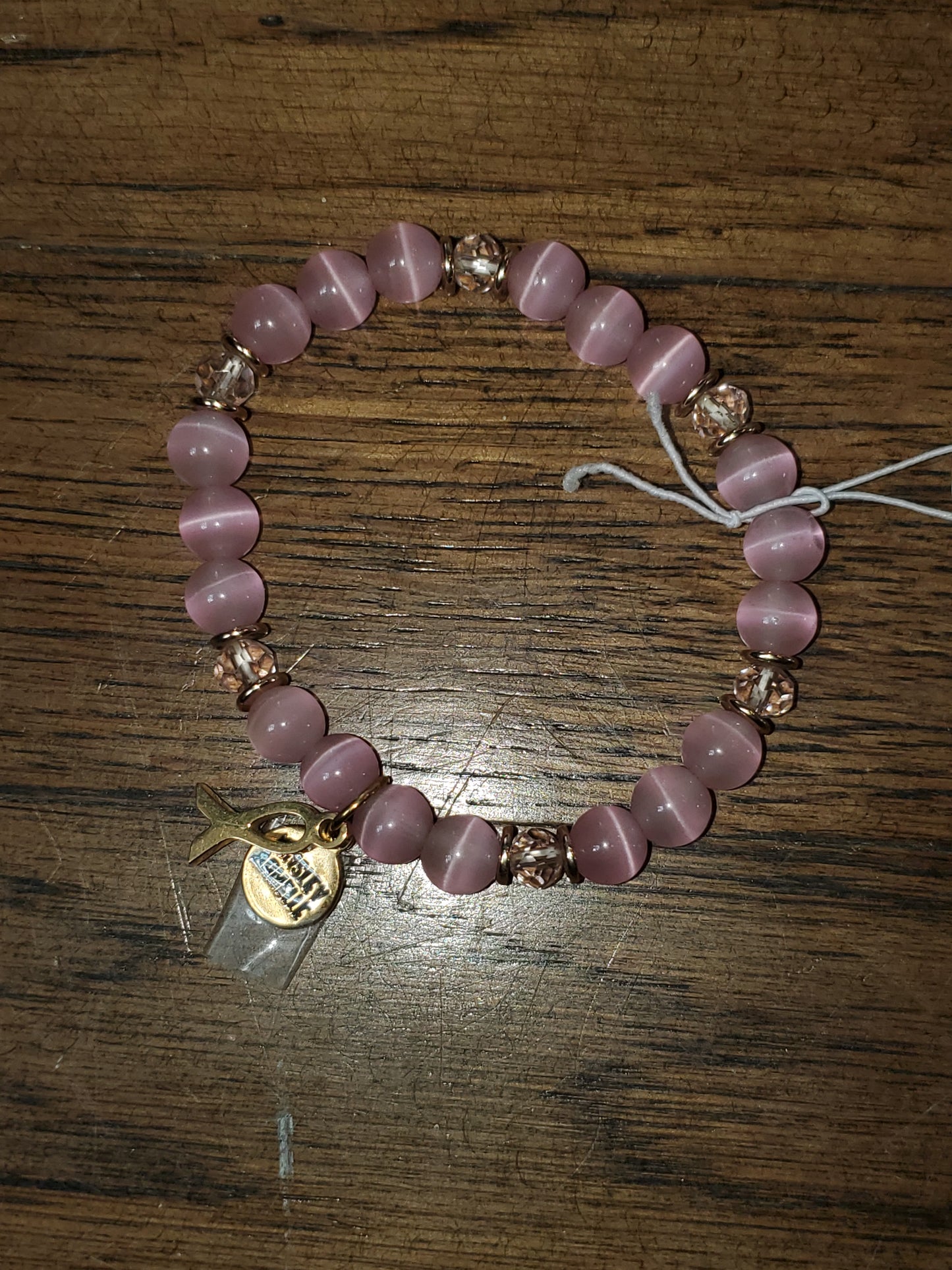 Pink Glass Bead Bracelet with Ribbon Charm