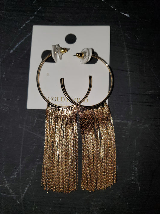 Long Gold Metallic Fringe Hoop Earrings