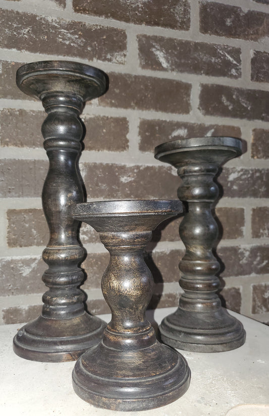Black Wooden Pillar Candle Holder (set of 3)
