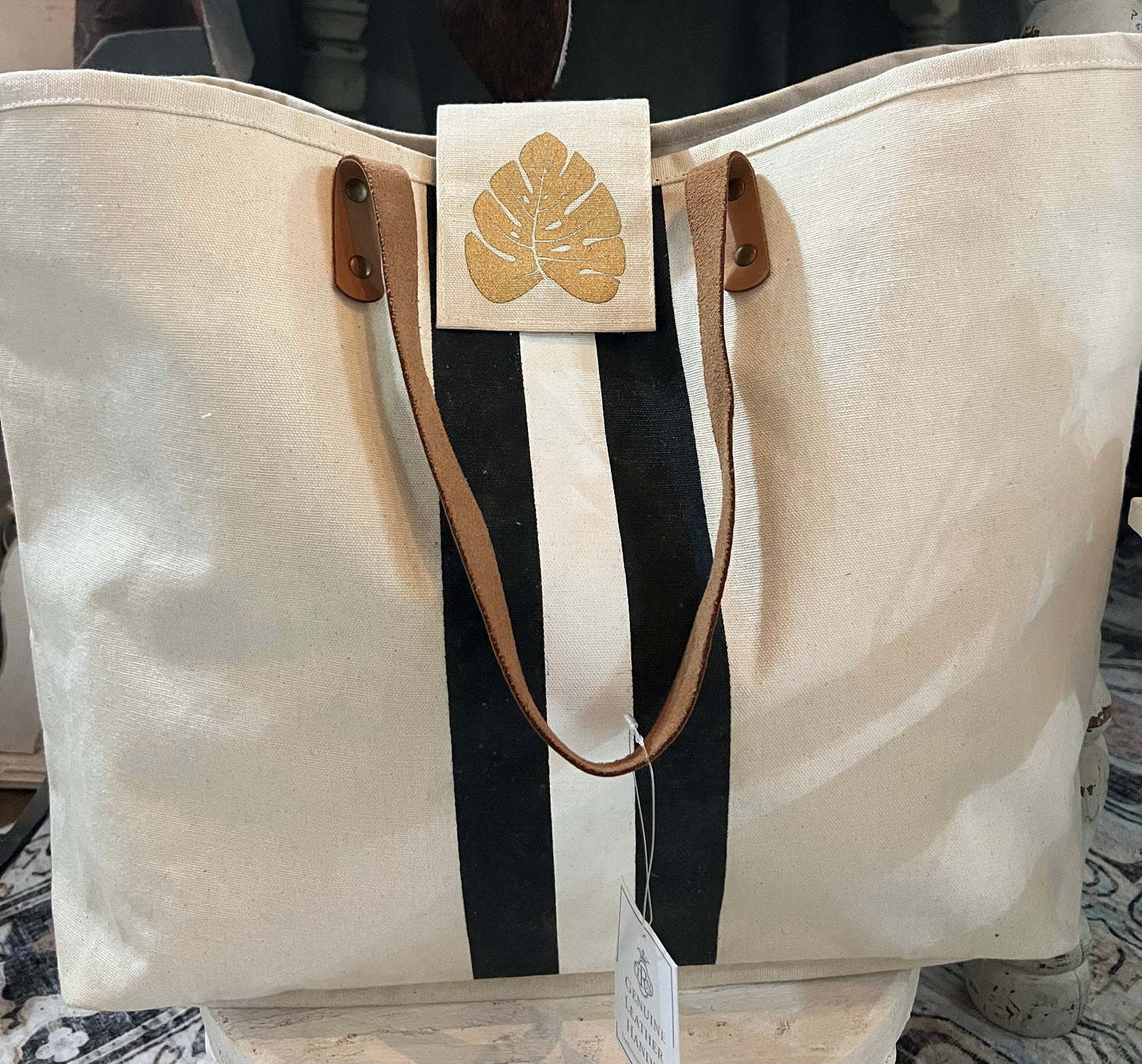 Tropical Leaf Striped Tote