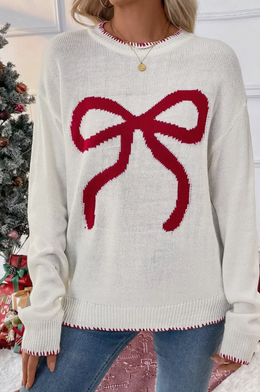 Red Bow Sweater With Red Knit Neck