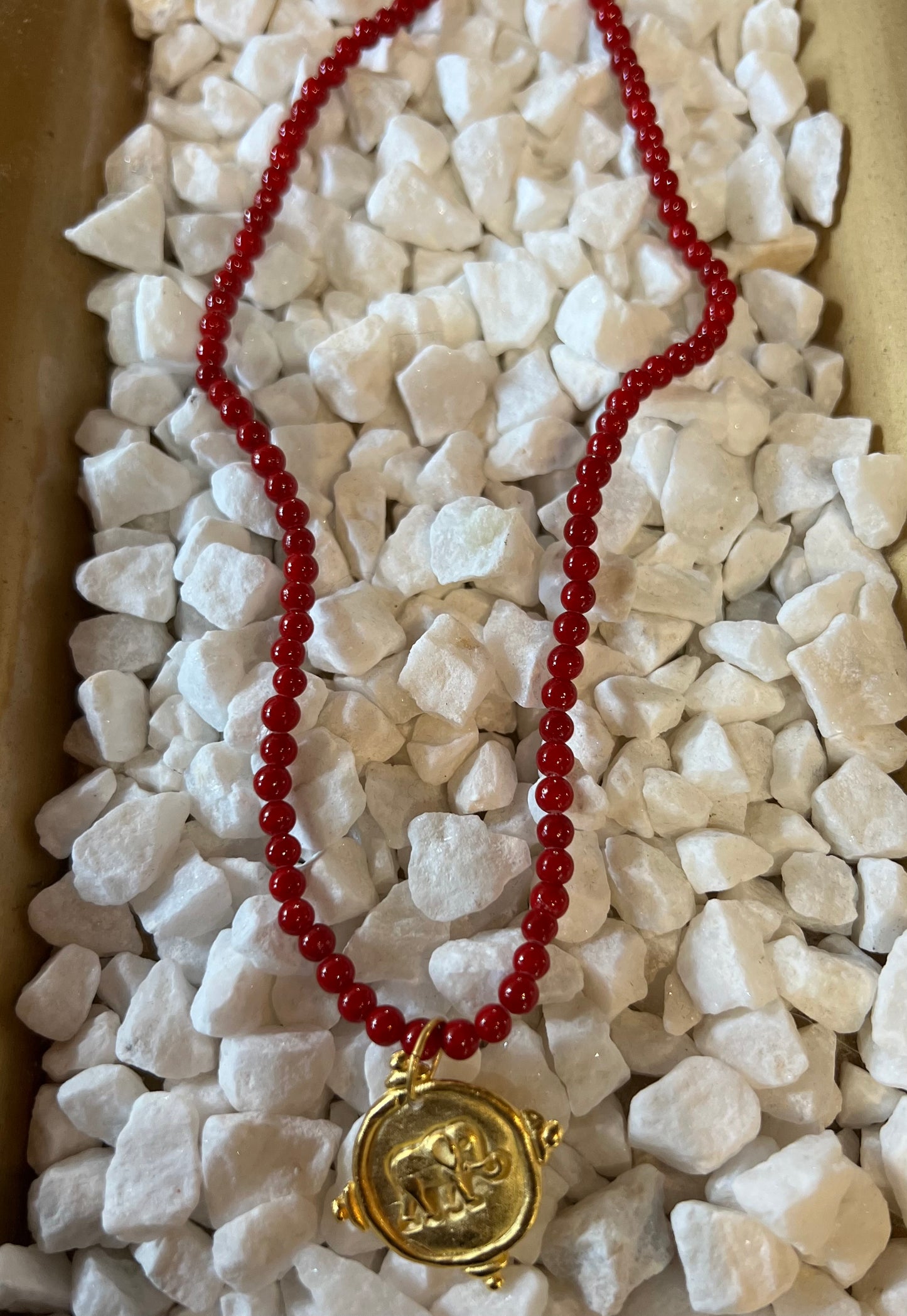 Gold Elephant on SML Red Bead Necklace
