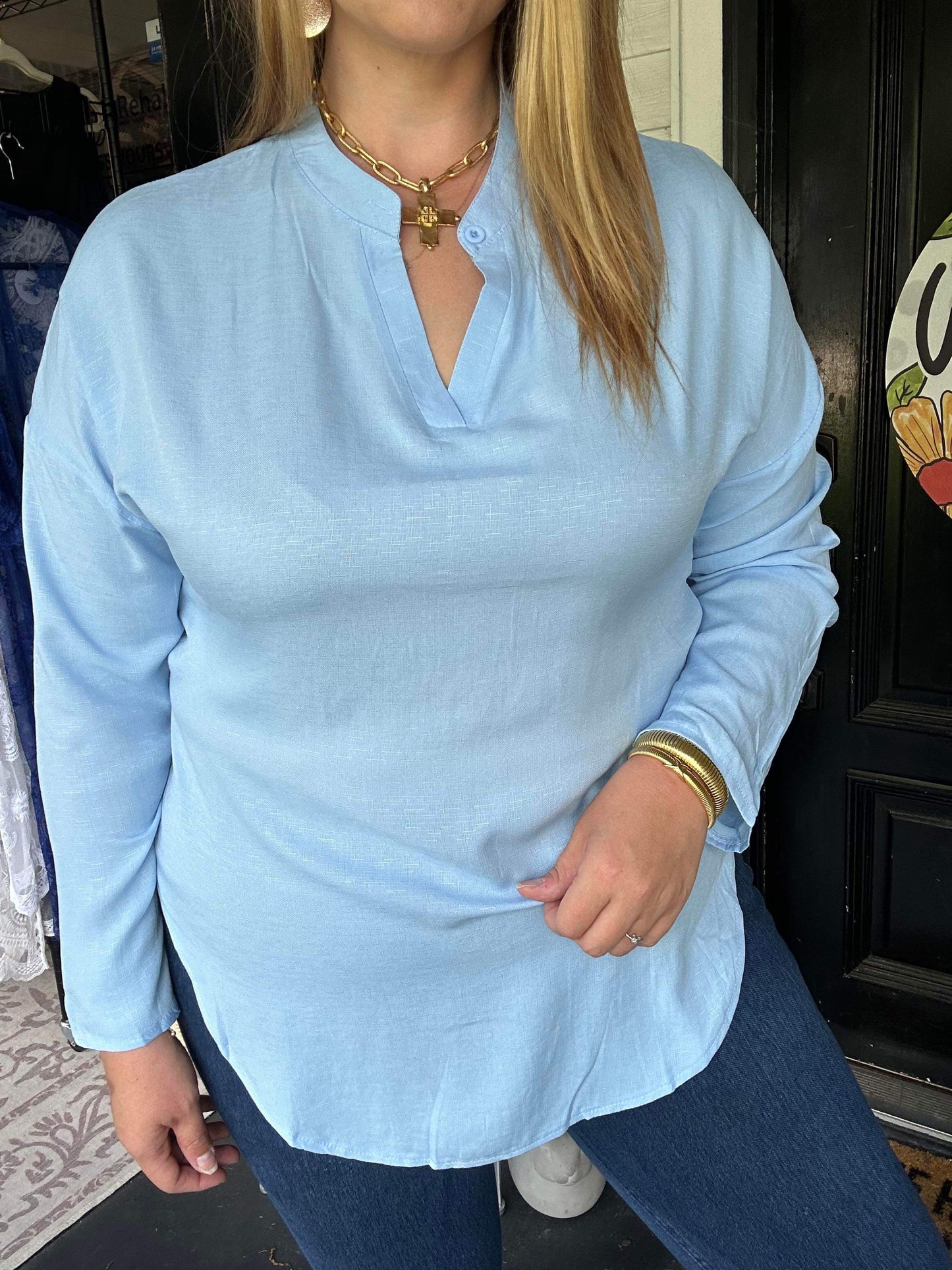 Linen Long Sleeve Casual V-Neck Top