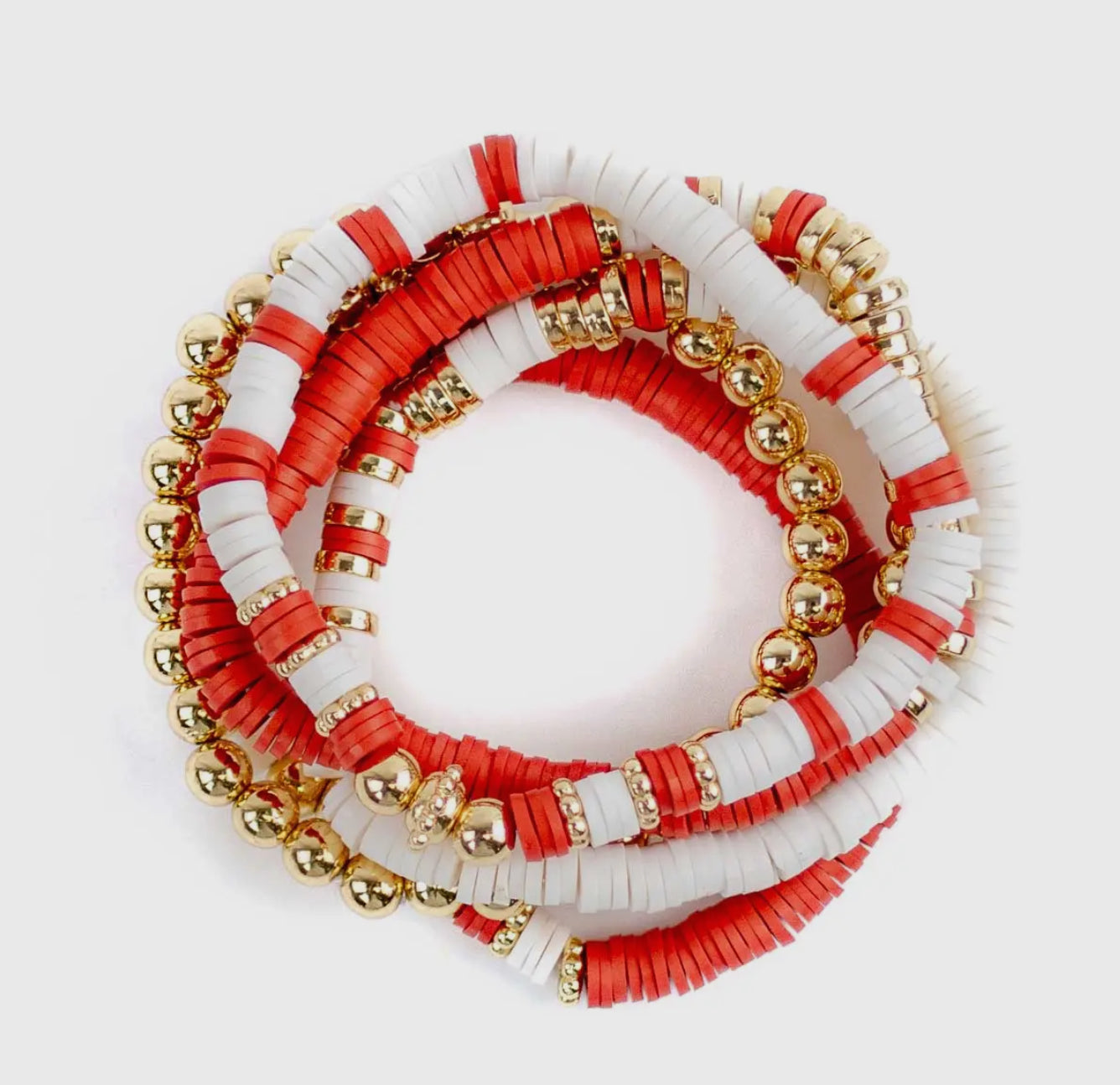 Clay bead bracelet stack red/white/gold