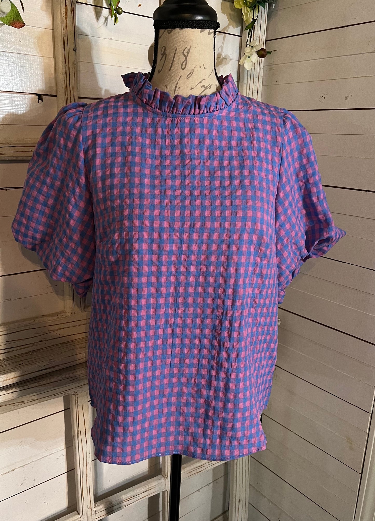 Checked Ruffle Mock Neck Top