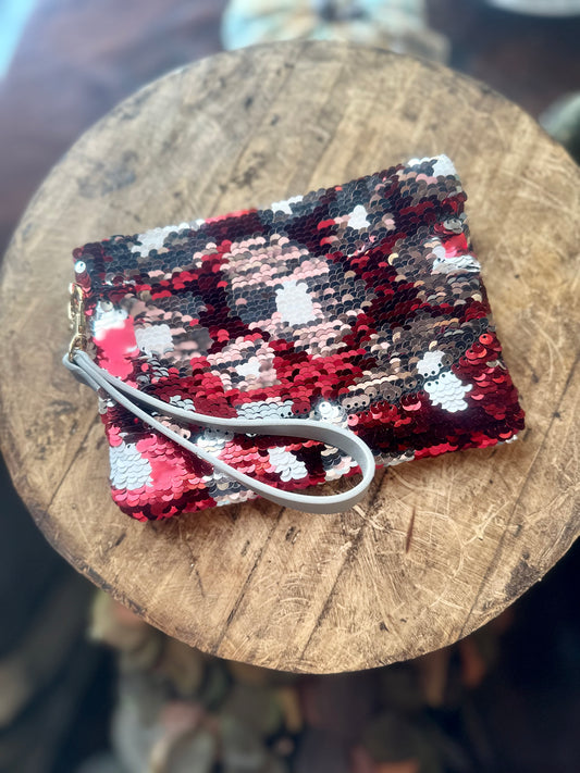 Sequined wristlet crimson red and gray