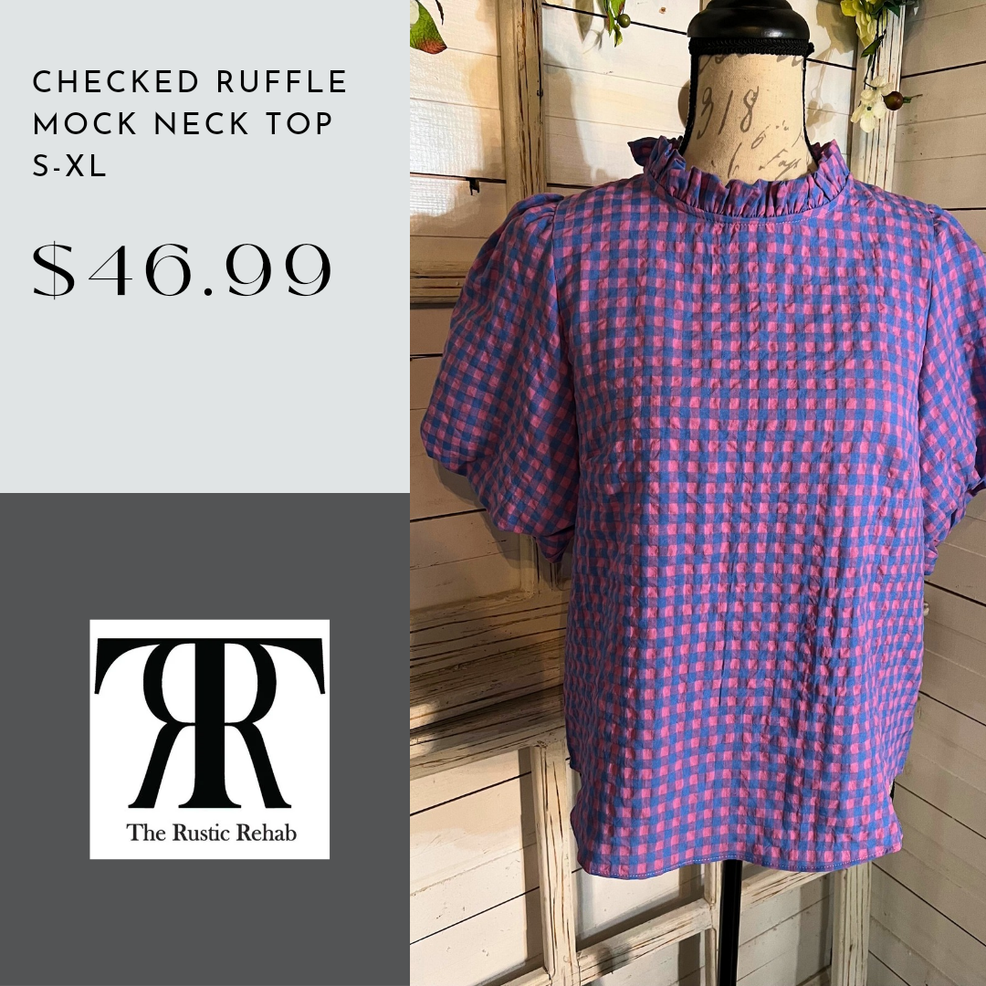Checked Ruffle Mock Neck Top