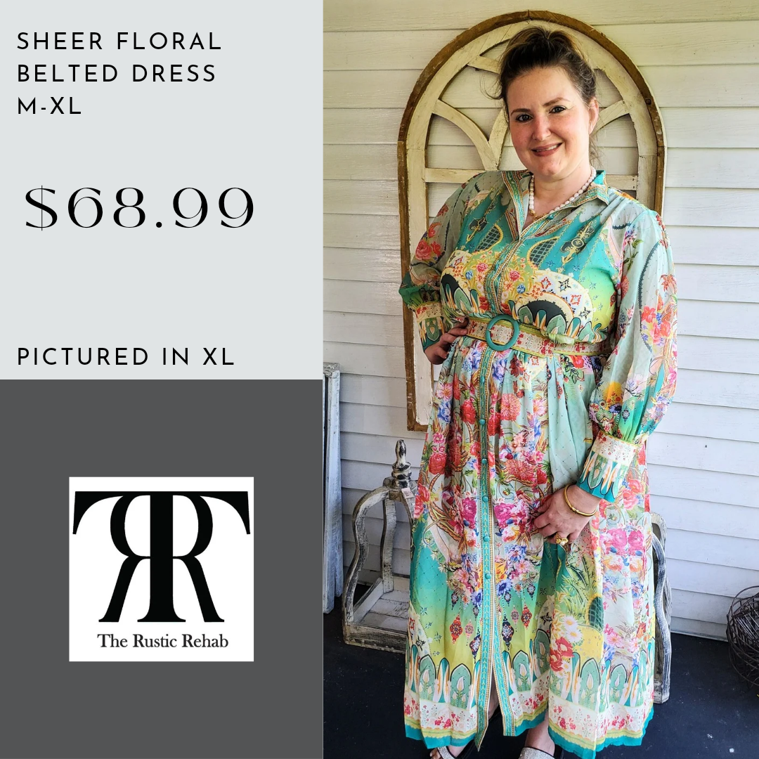 Sheer Floral Belted Dress
