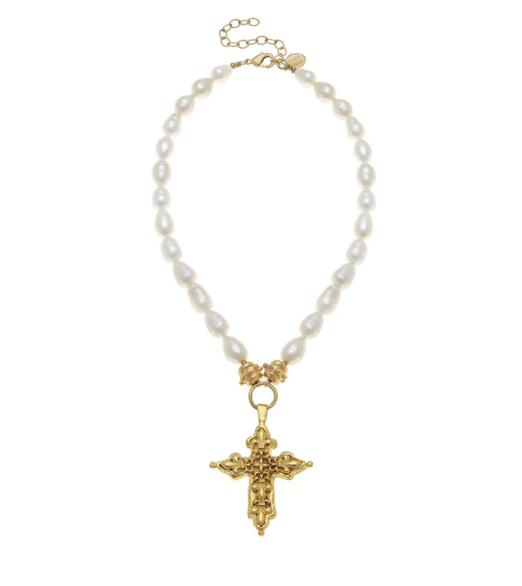 Susan Shaw Fleur de Lis Cross Pearl Necklace