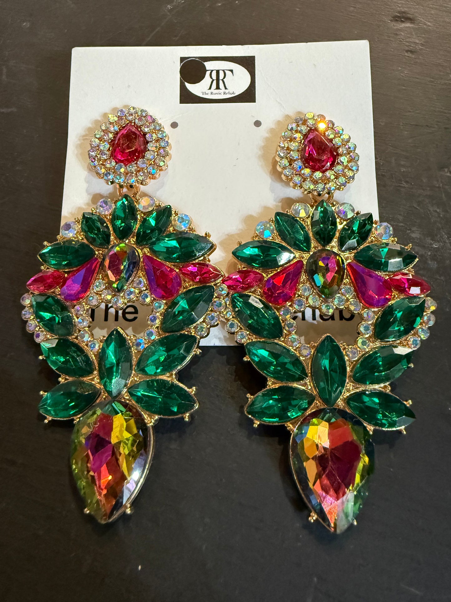Green and pink rhinestone earrings