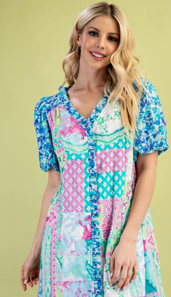 Mixed print short puff sleeve dress