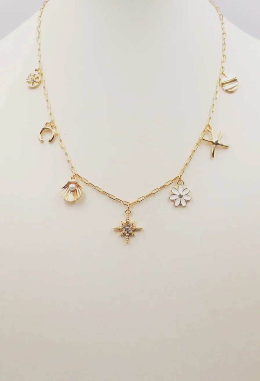 Starburst, flower, heart necklace