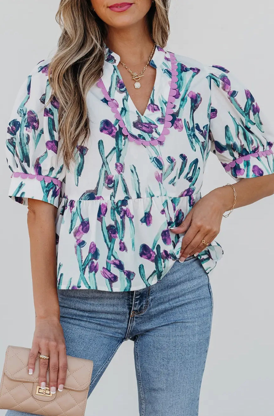 Floral ricrac trim half sleeve peplum top