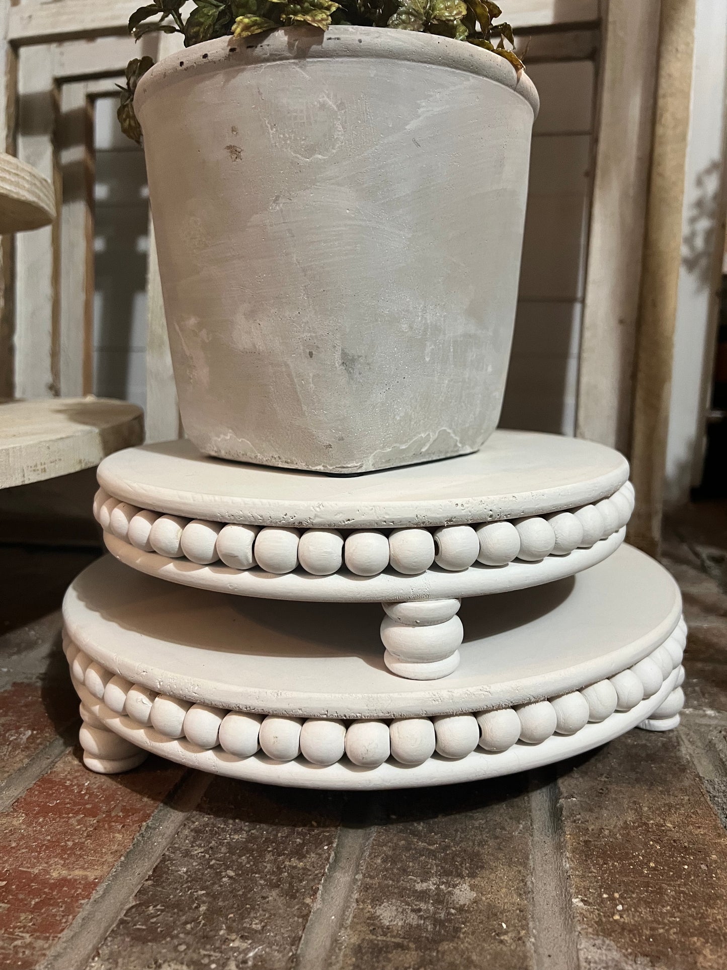 White beaded round risers set of 2