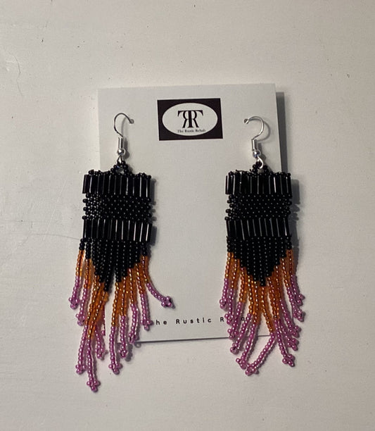Seed Bead Black, Pink, & Orange Square Tiered Fringe Earrings