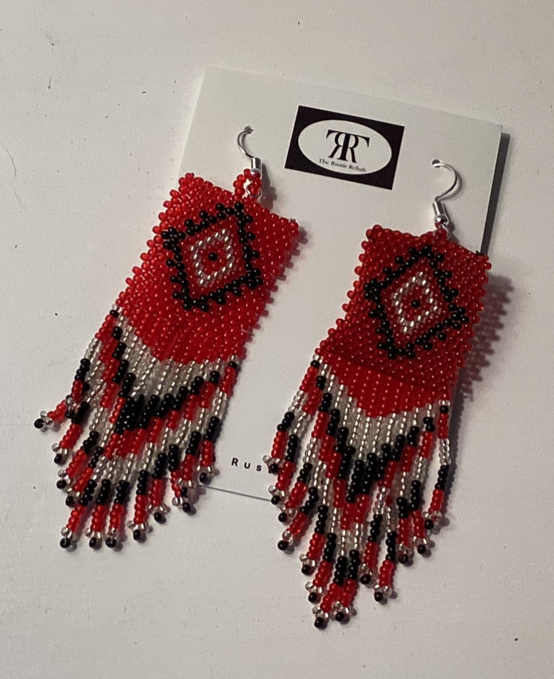 Seed Bead Red, Black, & White Square Tiered Fringe Earrings