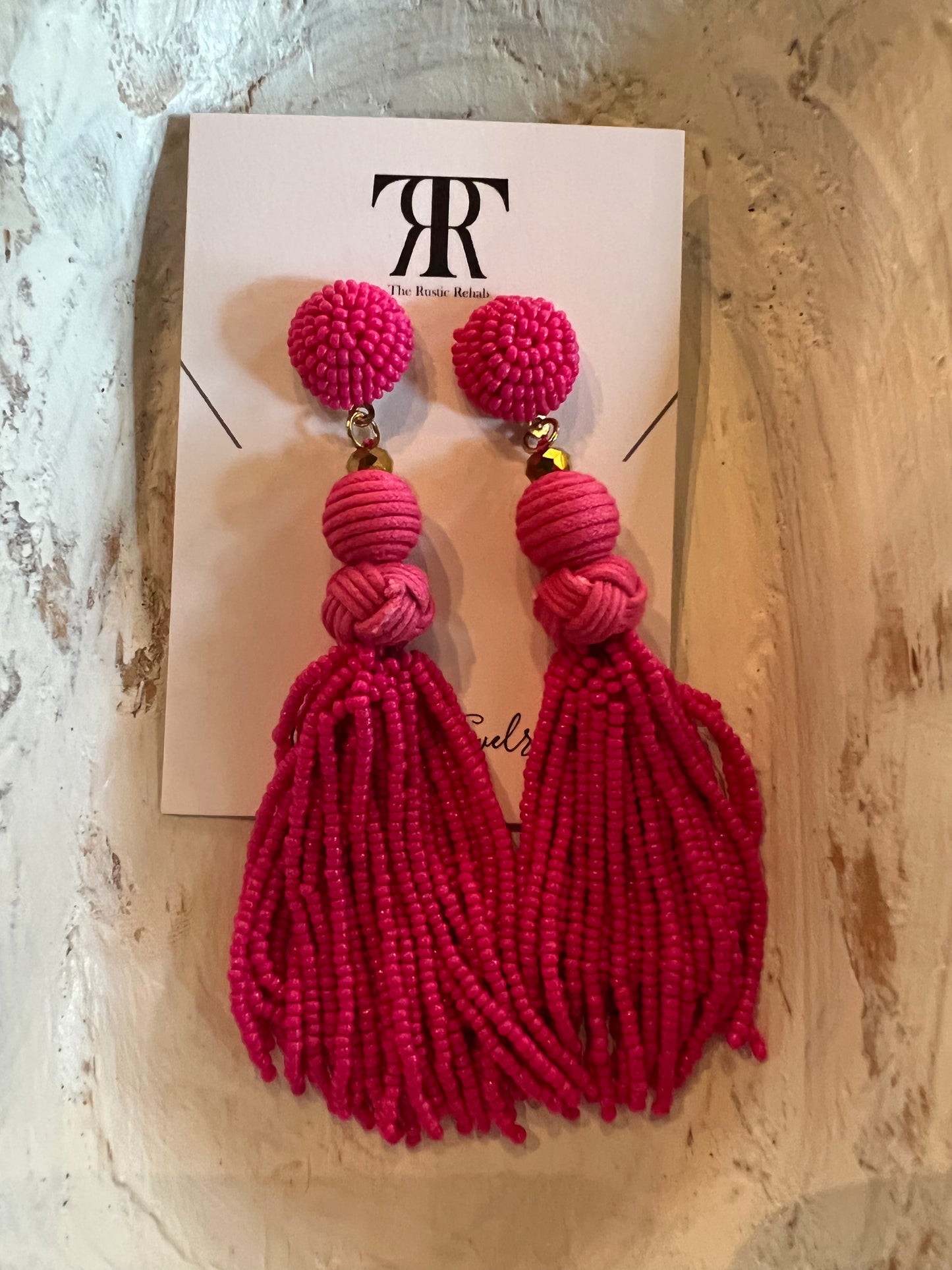 Seed Bead Pink Tassel Earrings