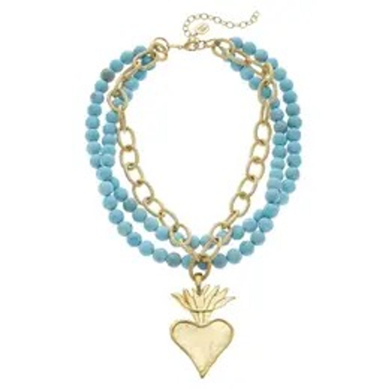 Susan Shaw Gold Flaming Heart on 3 Rope Turquoise Necklace