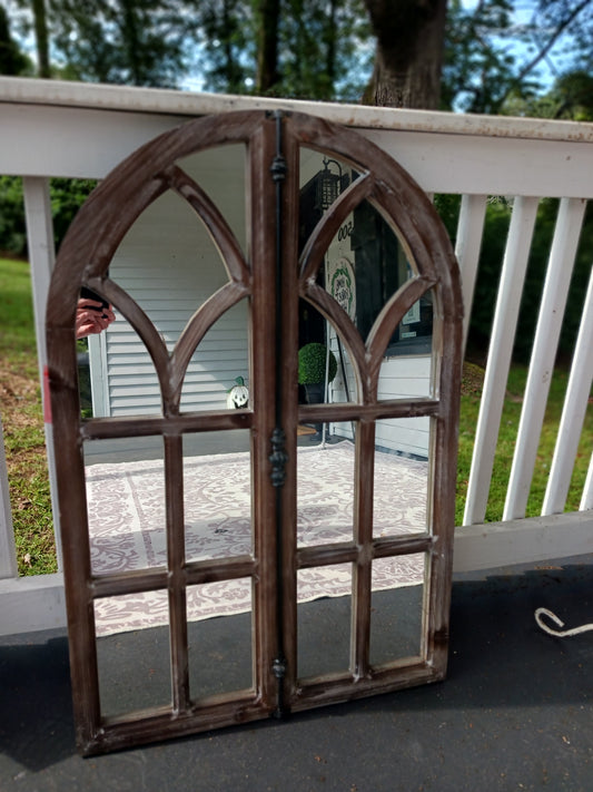Farmhouse wooden arched mantel mirror