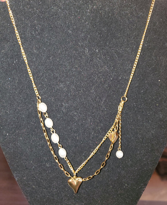 Gold Plated Stainless Steel Pearl & Heart Necklace