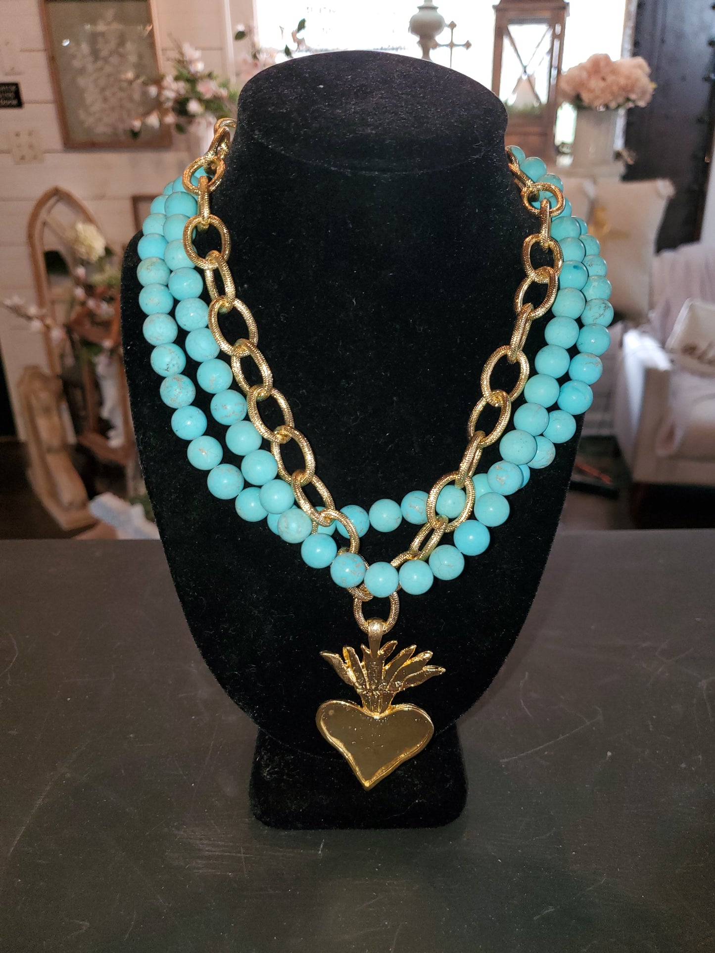 Susan Shaw Gold Flaming Heart on 3 Rope Turquoise Necklace