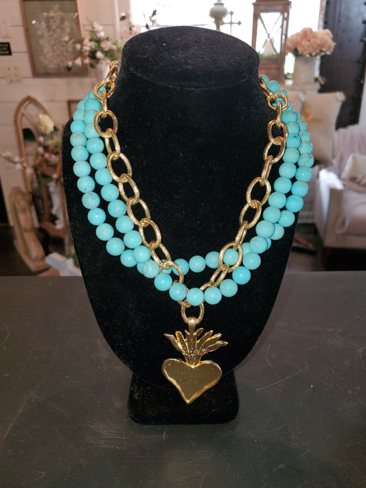 Susan Shaw Gold Flaming Heart on 3 Rope Turquoise Necklace