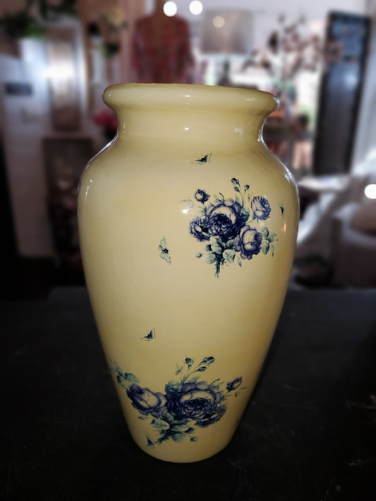 Yellow Ceramic Vase with Blue Floral