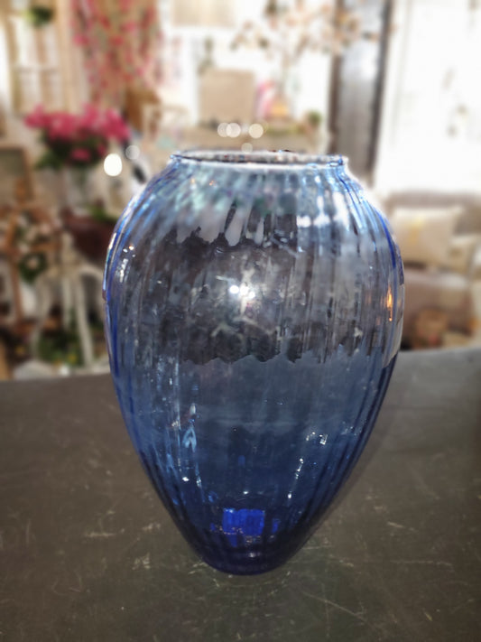 Blue Ribbed Glass Vase
