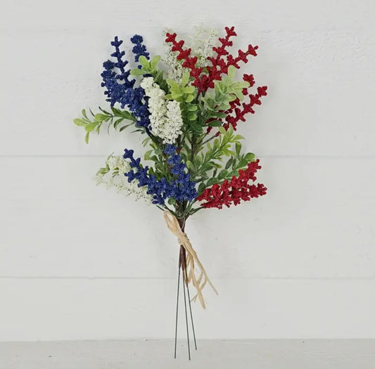 Red, White and blue Heather with boxwood bush
