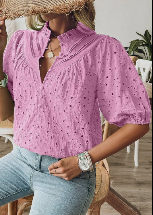 Pink eyelet button detail top