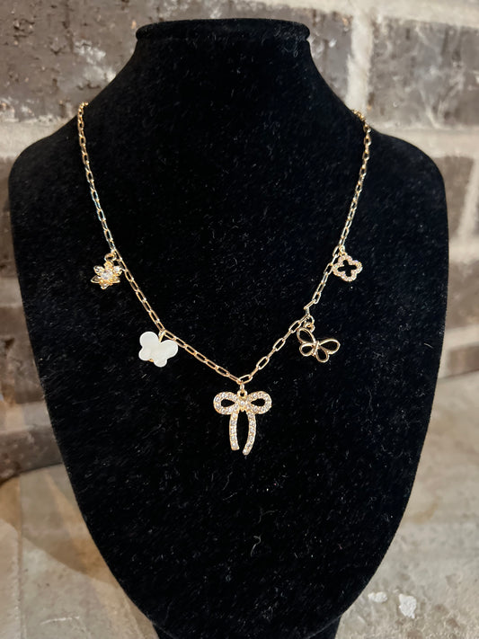 Multi gold bow charm necklace