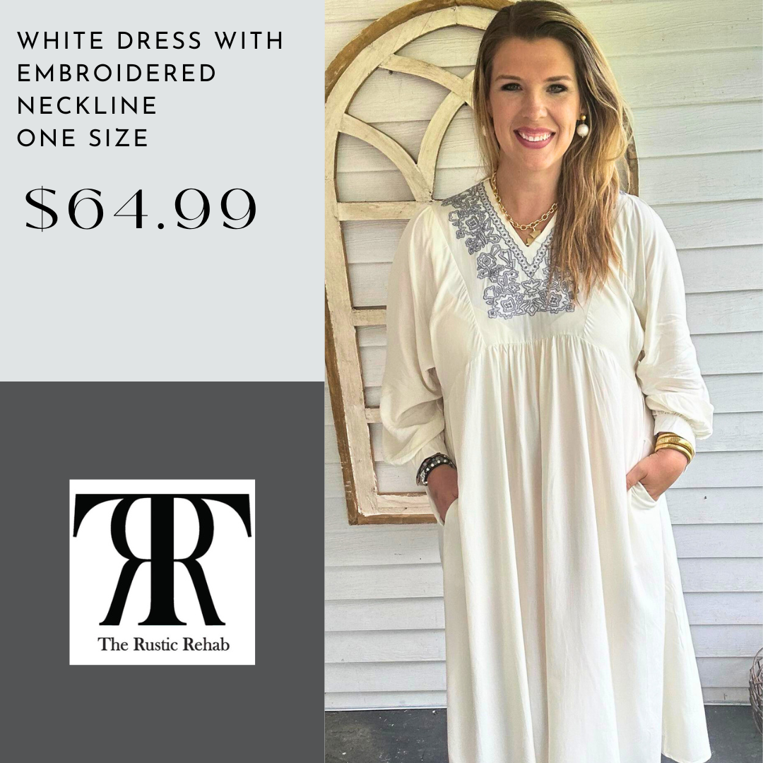 White Dress with Embroidered Neckline