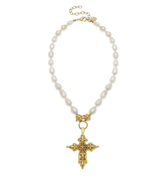 Susan Shaw Fleur de Lis Cross Pearl Necklace
