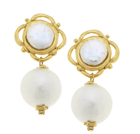 Susan Shaw Coin & Cotton Pearl Earrings