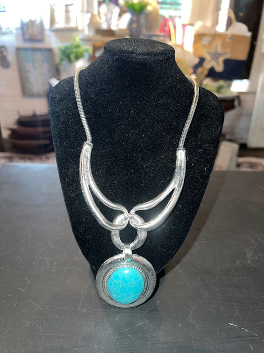 Turquoise Stone Silver Necklace