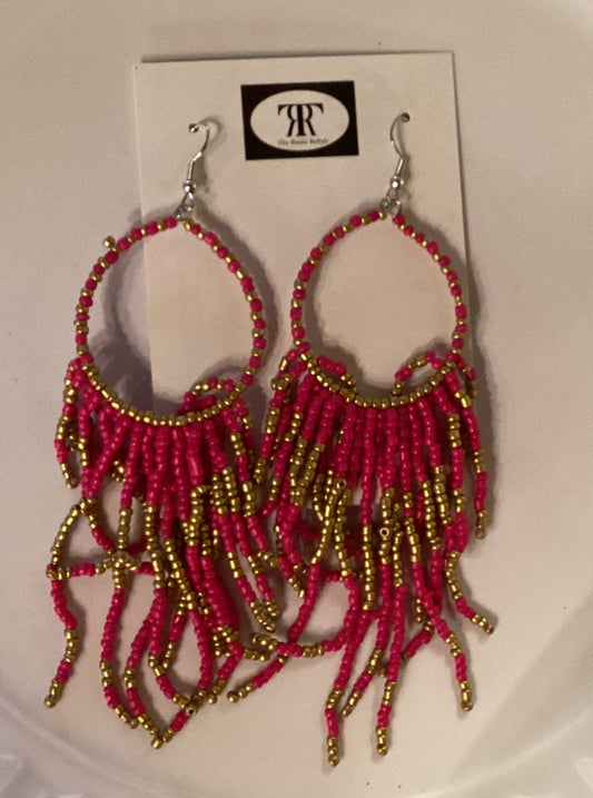 Seed Bead Long Fringe Hoop Earrings