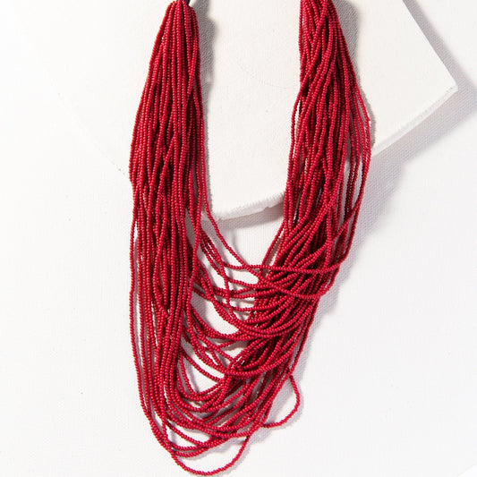 Red seed bead multi layer necklace 22”