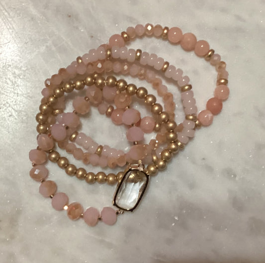 Pink & Gold Bracelet Stack with Crystal Stone