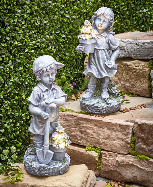 Solar lighted gardening kids boy and girl