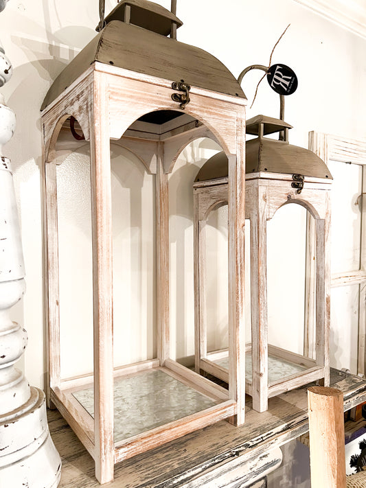 White Wash Wooden Lantern